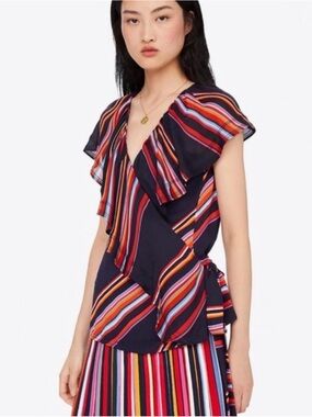 Tory Burch Navy Wrap Top with Multicolor Stripes